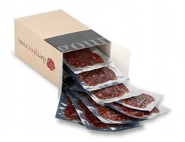 Die offene Kiste von Cecina aus León Feblame (geräucherter Rinderschinken) aufgeschnitten